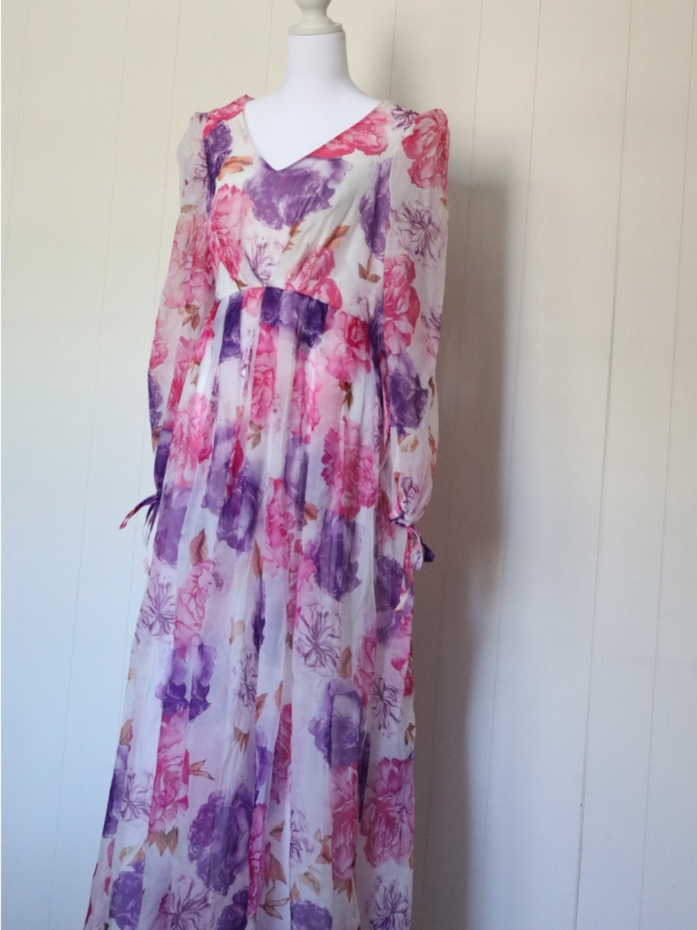 Long Sleeve Floral Maxi Dress in Pink & Purple - Women